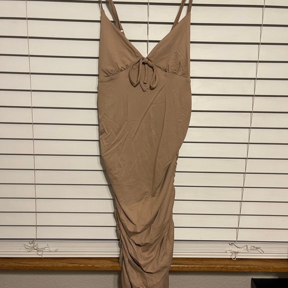 Tan Ruched Tie Front Slip Dress